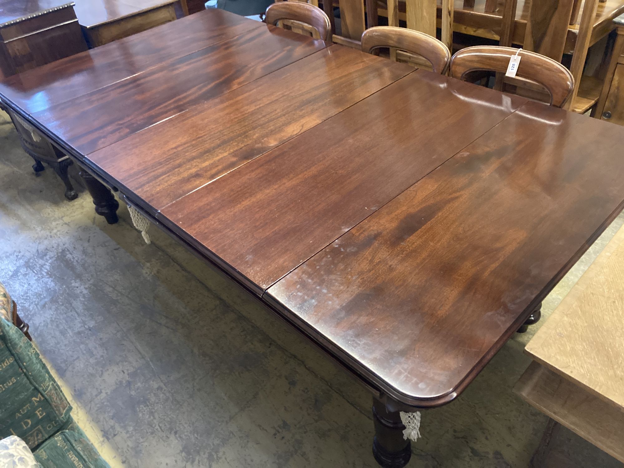 An Edwardian mahogany dining / snooker table with five section removable top and accessories, length 230cm, depth 120cm, height 78cm (h